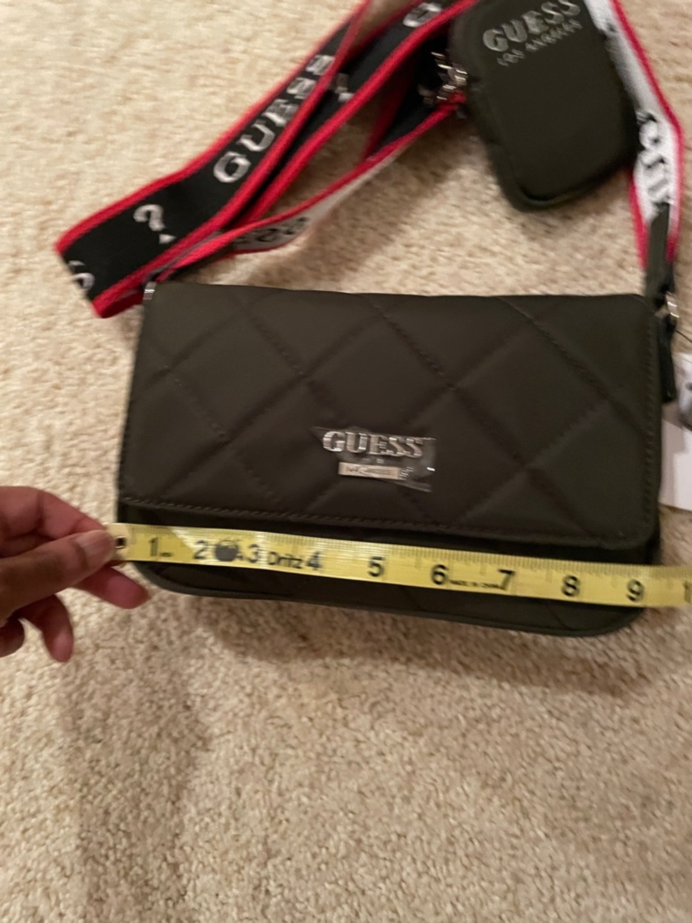 Guess Olive Green Mini Crossbody with Black, Red & White Logo Strap - Picture 5 of 13
